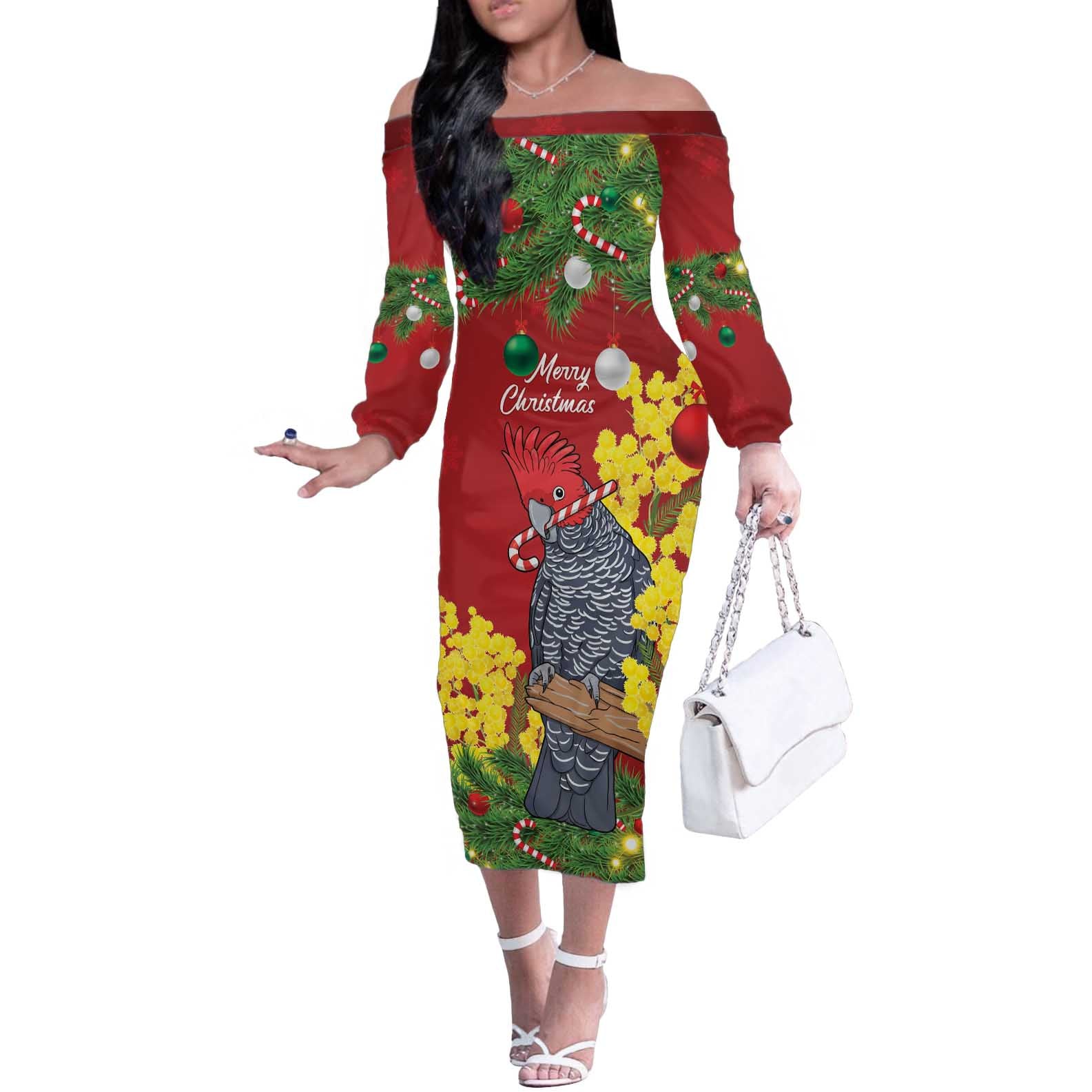 Australia Gang-gang Cockatoo Christmas Off The Shoulder Long Sleeve Dress Callocephalon Fimbriatum Golden Wattle Red - Aussie Hoodie
