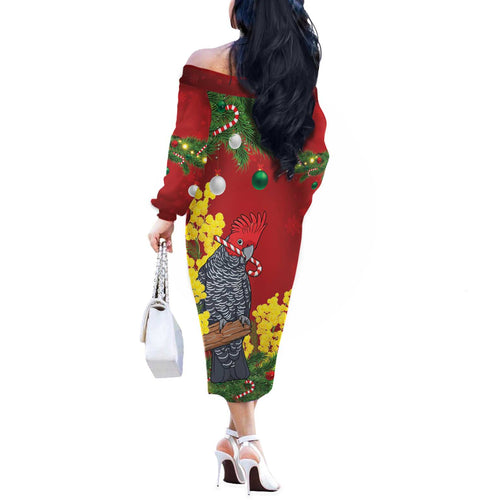 Australia Gang-gang Cockatoo Christmas Off The Shoulder Long Sleeve Dress Callocephalon Fimbriatum Golden Wattle Red - Aussie Hoodie