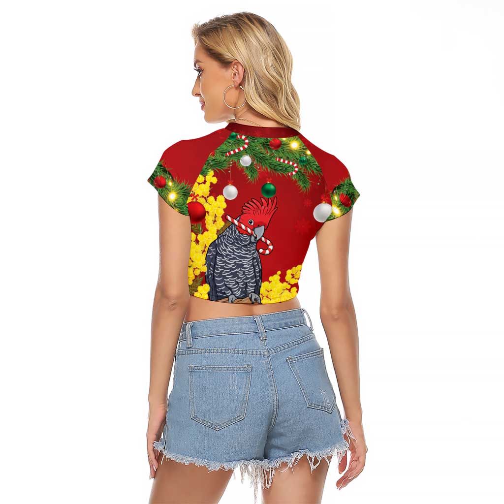Australia Gang-gang Cockatoo Christmas Raglan Cropped T Shirt Callocephalon Fimbriatum Golden Wattle Red - Aussie Hoodie