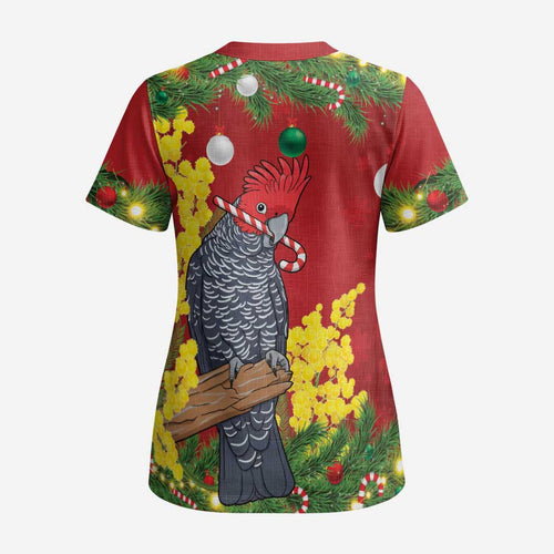 Australia Gang-gang Cockatoo Christmas Scrub Top Callocephalon Fimbriatum Golden Wattle Red - Aussie Hoodie