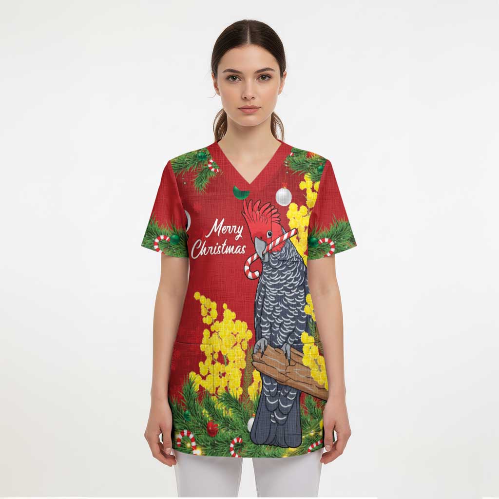 Australia Gang-gang Cockatoo Christmas Scrub Top Callocephalon Fimbriatum Golden Wattle Red - Aussie Hoodie