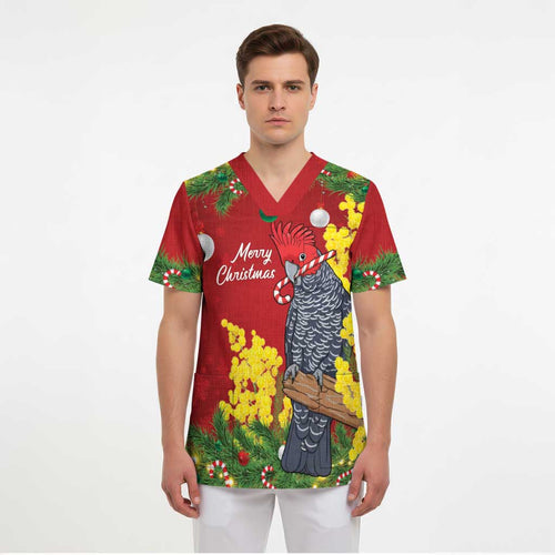 Australia Gang-gang Cockatoo Christmas Scrub Top Callocephalon Fimbriatum Golden Wattle Red - Aussie Hoodie