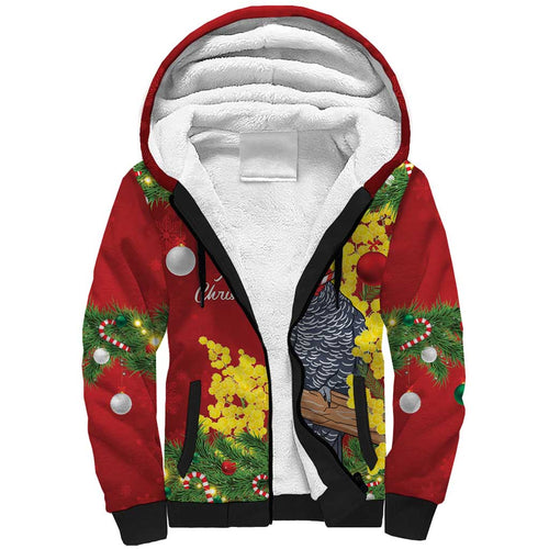 Australia Gang-gang Cockatoo Christmas Sherpa Hoodie Callocephalon Fimbriatum Golden Wattle Red - Aussie Hoodie