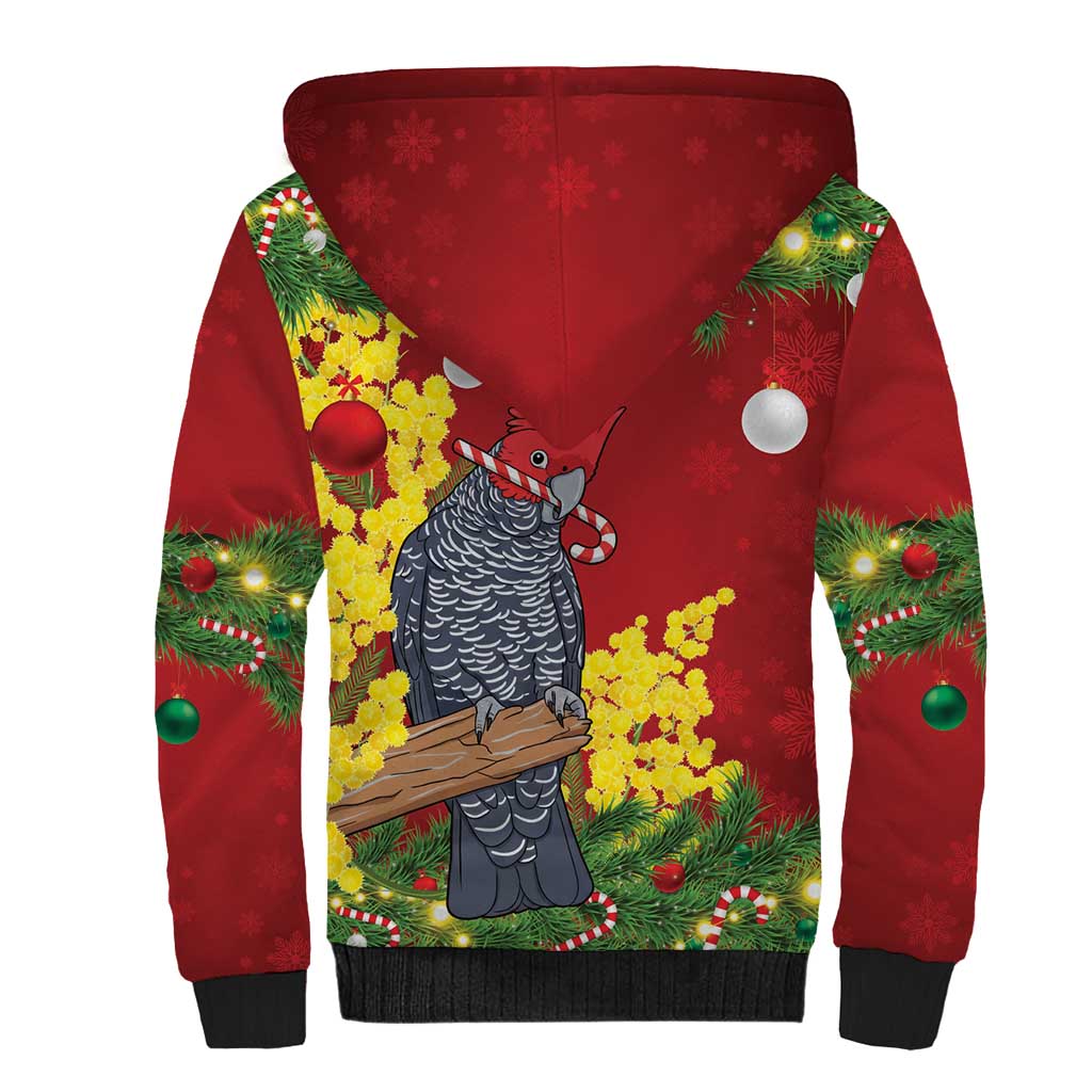 Australia Gang-gang Cockatoo Christmas Sherpa Hoodie Callocephalon Fimbriatum Golden Wattle Red - Aussie Hoodie