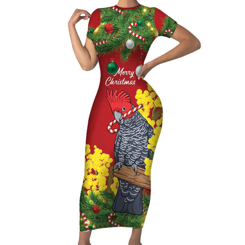 Australia Gang-gang Cockatoo Christmas Short Sleeve Bodycon Dress Callocephalon Fimbriatum Golden Wattle Red - Aussie Hoodie