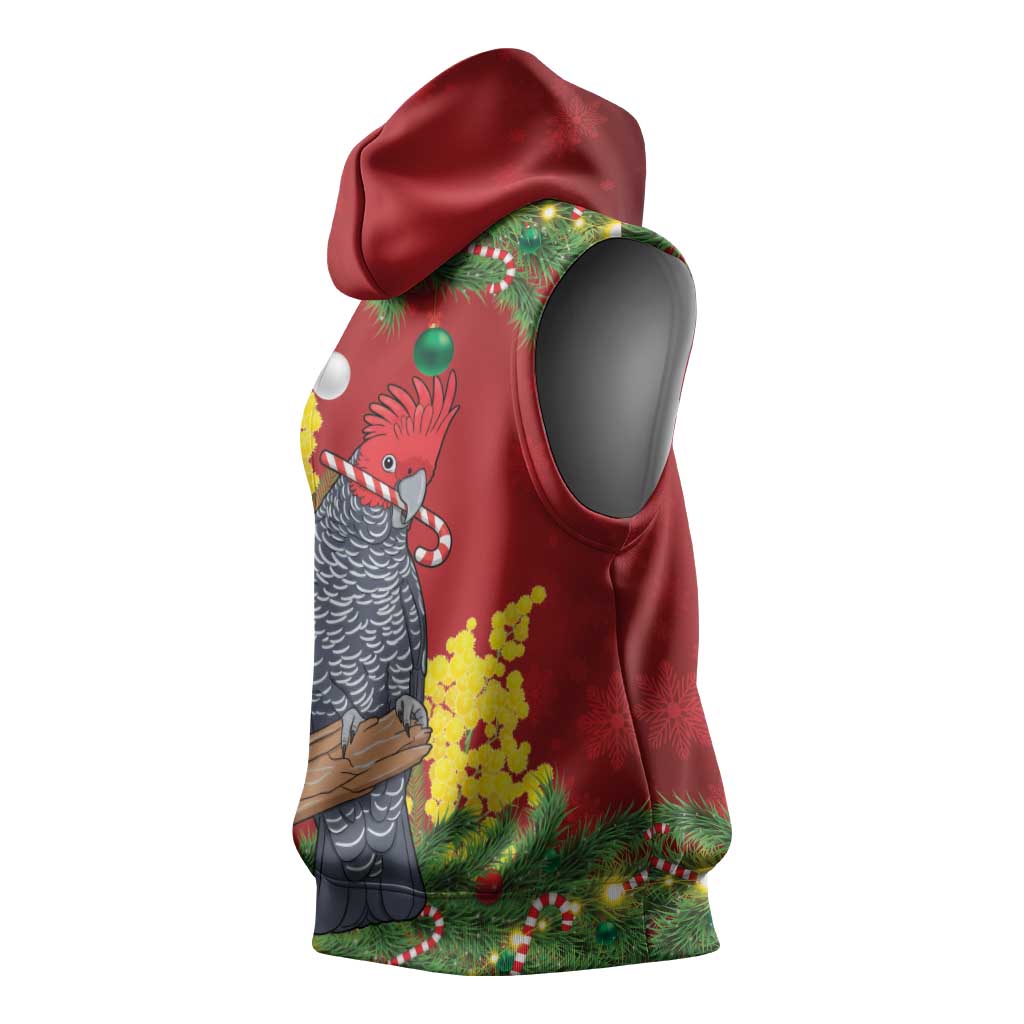 Australia Gang-gang Cockatoo Christmas Sleeveless Hoodie Callocephalon Fimbriatum Golden Wattle Red - Aussie Hoodie