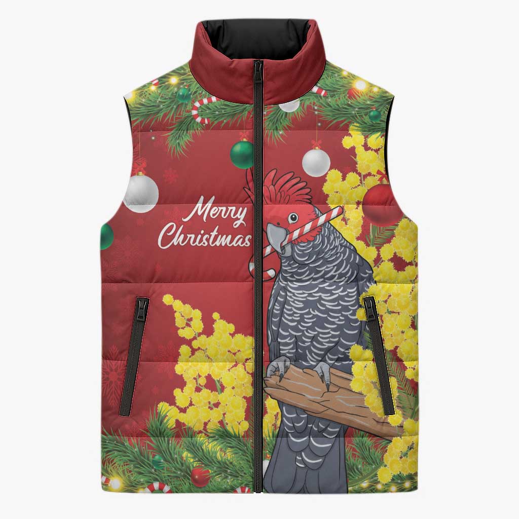 Australia Gang-gang Cockatoo Christmas Sleeveless Puffer Jacket Callocephalon Fimbriatum Golden Wattle Red - Aussie Hoodie