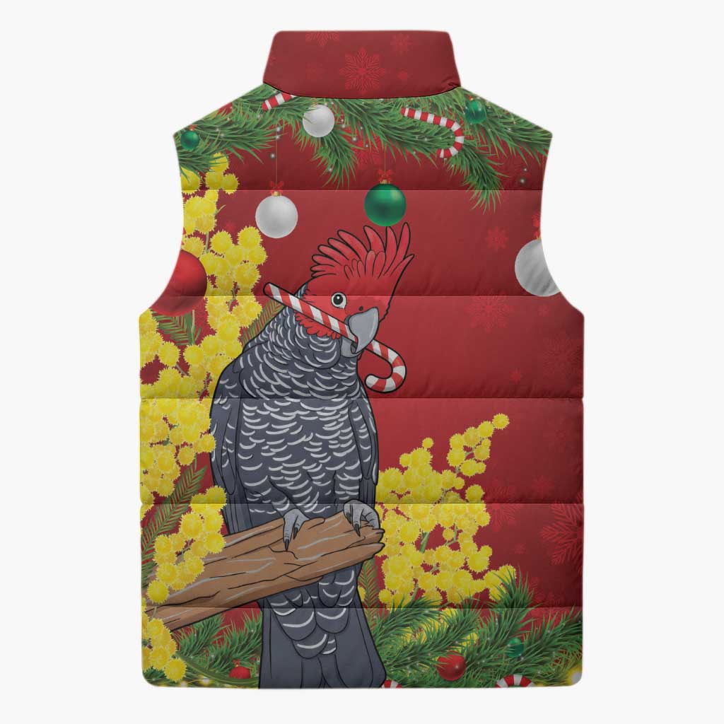 Australia Gang-gang Cockatoo Christmas Sleeveless Puffer Jacket Callocephalon Fimbriatum Golden Wattle Red - Aussie Hoodie