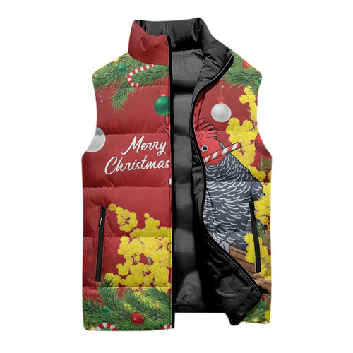 Australia Gang-gang Cockatoo Christmas Sleeveless Puffer Jacket Callocephalon Fimbriatum Golden Wattle Red - Aussie Hoodie