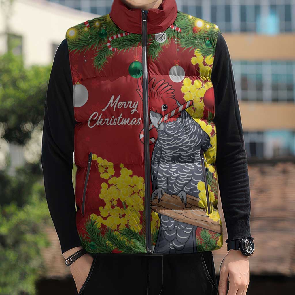 Australia Gang-gang Cockatoo Christmas Sleeveless Puffer Jacket Callocephalon Fimbriatum Golden Wattle Red - Aussie Hoodie