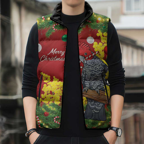 Australia Gang-gang Cockatoo Christmas Sleeveless Puffer Jacket Callocephalon Fimbriatum Golden Wattle Red - Aussie Hoodie