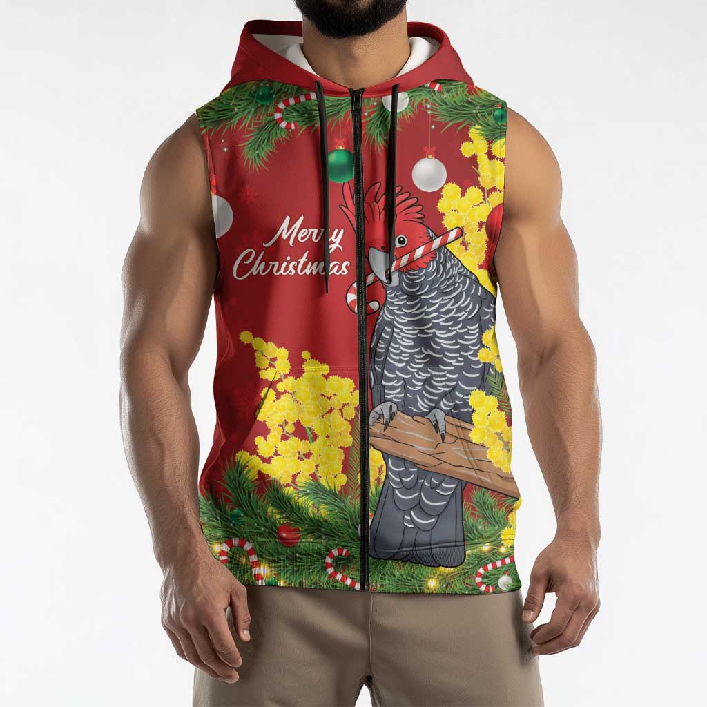 Australia Gang-gang Cockatoo Christmas Sleeveless Zip Hoodie Callocephalon Fimbriatum Golden Wattle Red LT14
