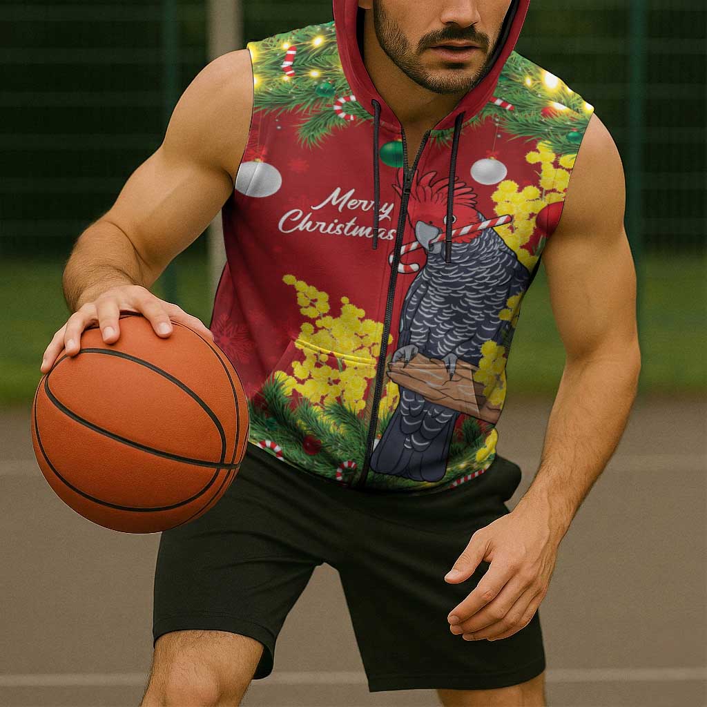 Australia Gang-gang Cockatoo Christmas Sleeveless Zip Hoodie Callocephalon Fimbriatum Golden Wattle Red LT14