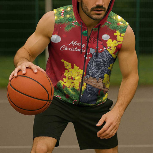 Australia Gang-gang Cockatoo Christmas Sleeveless Zip Hoodie Callocephalon Fimbriatum Golden Wattle Red LT14