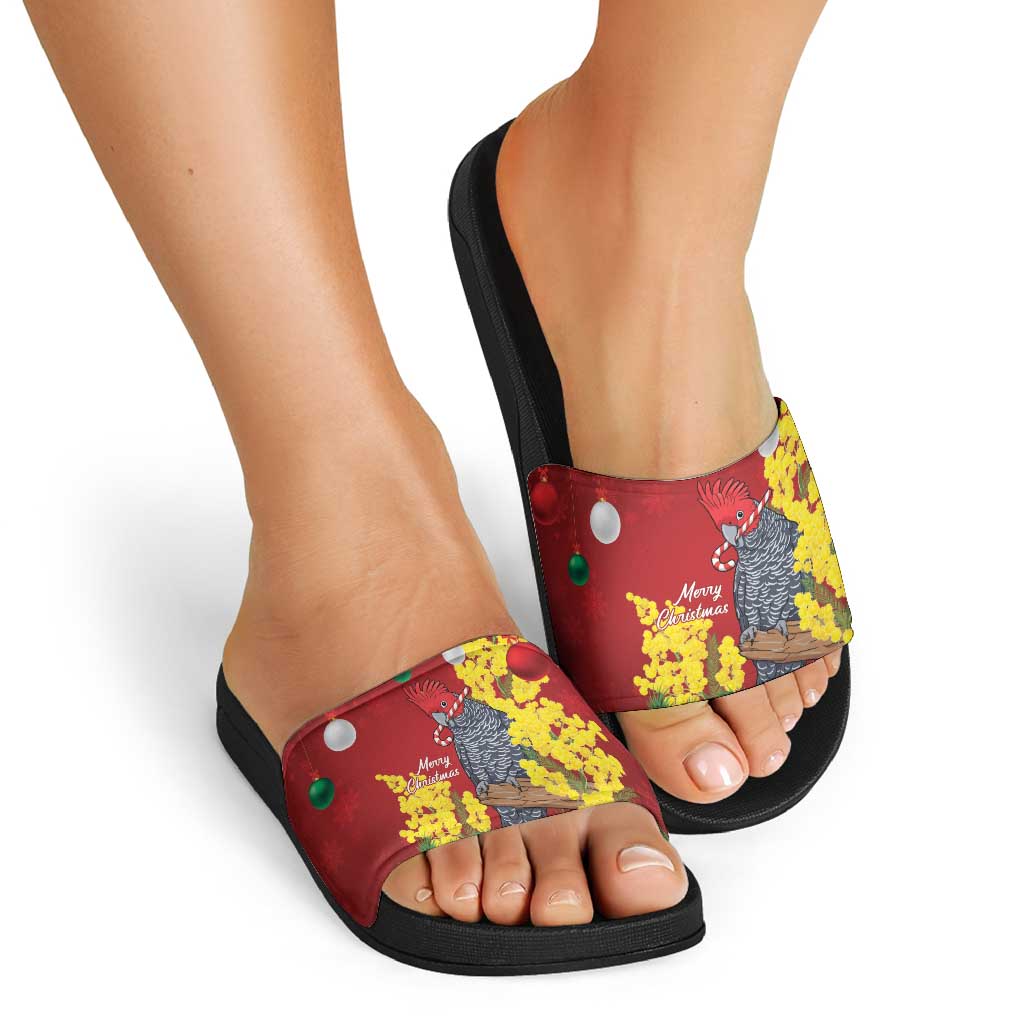 Australia Gang-gang Cockatoo Christmas Slide Sandals Callocephalon Fimbriatum Golden Wattle Red - Aussie Hoodie