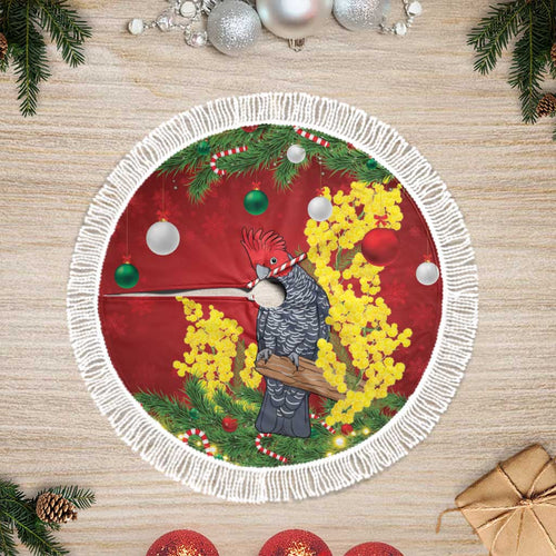 Australia Gang-gang Cockatoo Christmas Tree Skirt Callocephalon Fimbriatum Golden Wattle Red - Aussie Hoodie