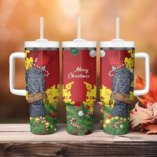 Australia Gang-gang Cockatoo Christmas Tumbler With Handle Callocephalon Fimbriatum Golden Wattle Red - Aussie Hoodie