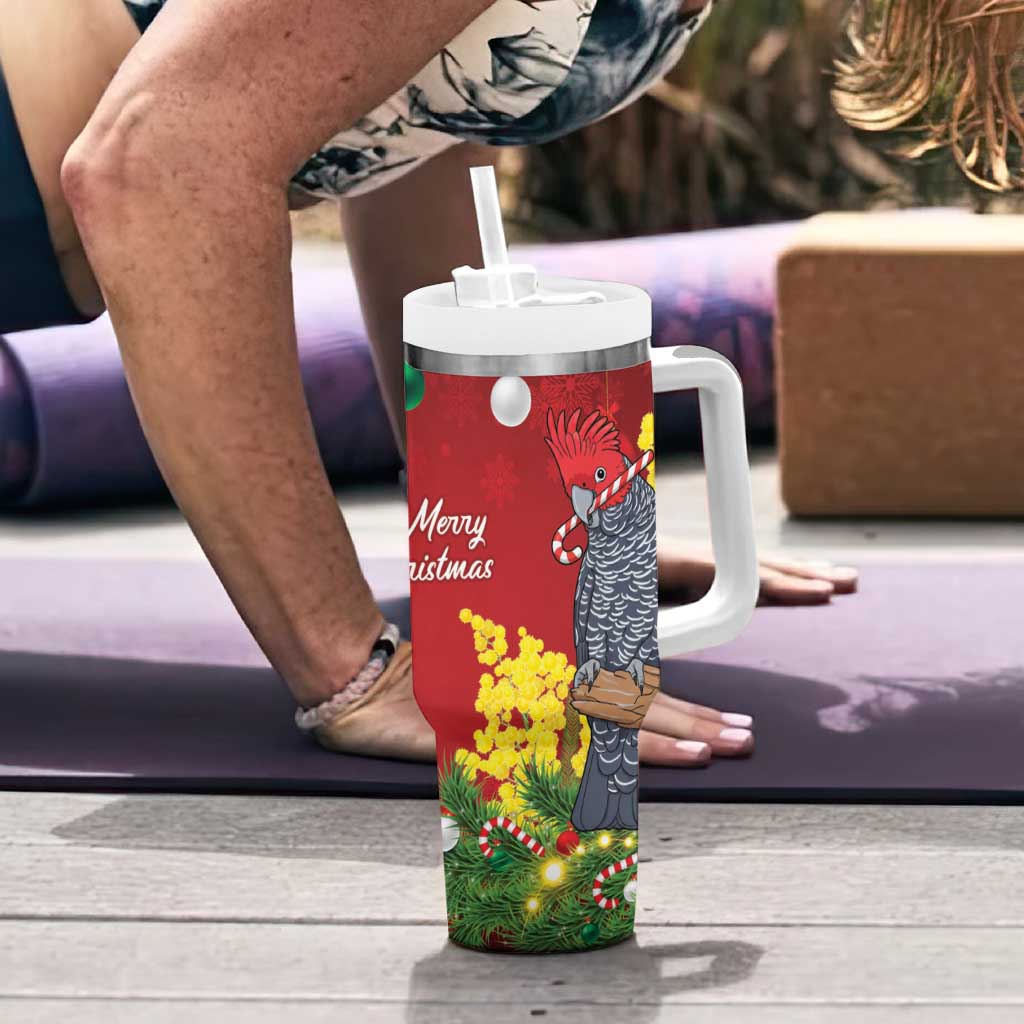 Australia Gang-gang Cockatoo Christmas Tumbler With Handle Callocephalon Fimbriatum Golden Wattle Red - Aussie Hoodie