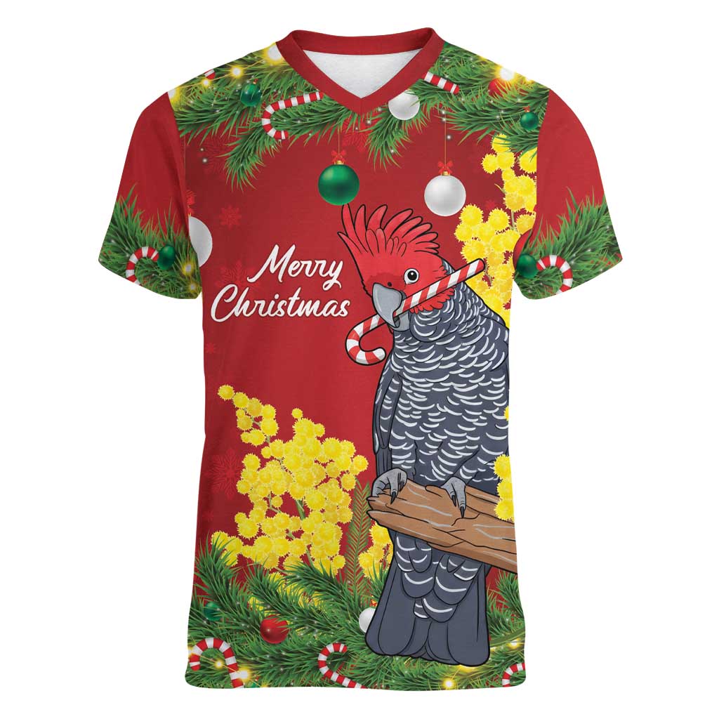 Australia Gang-gang Cockatoo Christmas Women V-Neck T-Shirt Callocephalon Fimbriatum Golden Wattle Red - Aussie Hoodie