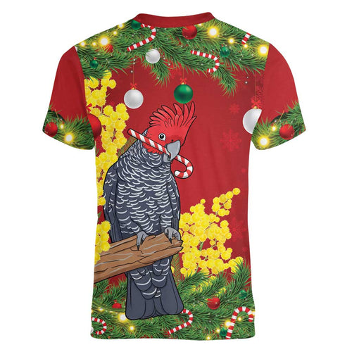 Australia Gang-gang Cockatoo Christmas Women V-Neck T-Shirt Callocephalon Fimbriatum Golden Wattle Red - Aussie Hoodie