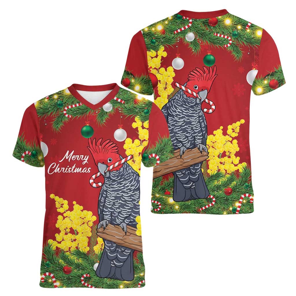 Australia Gang-gang Cockatoo Christmas Women V-Neck T-Shirt Callocephalon Fimbriatum Golden Wattle Red - Aussie Hoodie