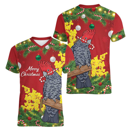Australia Gang-gang Cockatoo Christmas Women V-Neck T-Shirt Callocephalon Fimbriatum Golden Wattle Red - Aussie Hoodie