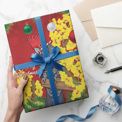 Australia Gang-gang Cockatoo Christmas Wrapping Paper Callocephalon Fimbriatum Golden Wattle Red - Aussie Hoodie