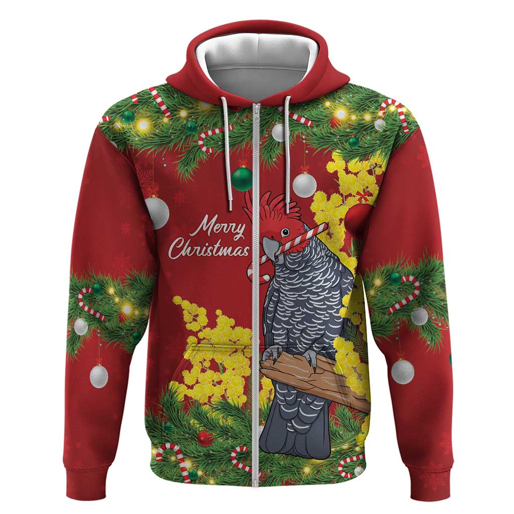 Australia Gang-gang Cockatoo Christmas Zip Hoodie Callocephalon Fimbriatum Golden Wattle Red - Aussie Hoodie