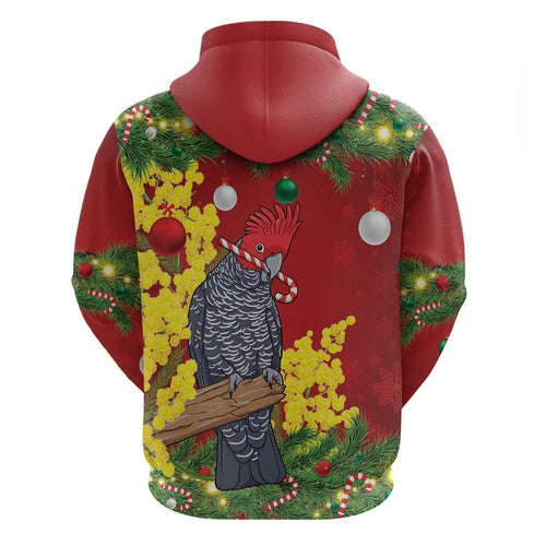 Australia Gang-gang Cockatoo Christmas Zip Hoodie Callocephalon Fimbriatum Golden Wattle Red - Aussie Hoodie