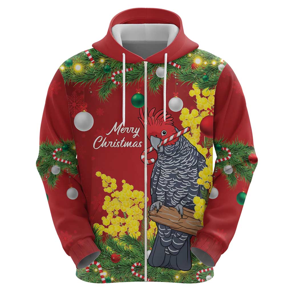 Australia Gang-gang Cockatoo Christmas Zip Hoodie Callocephalon Fimbriatum Golden Wattle Red - Aussie Hoodie