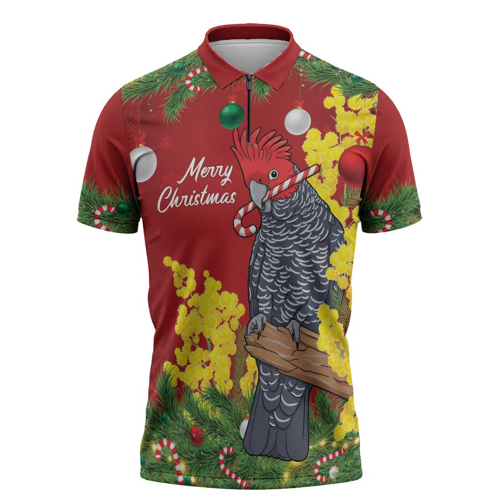 Australia Gang-gang Cockatoo Christmas Zipper Polo Shirt Callocephalon Fimbriatum Golden Wattle Red - Aussie Hoodie
