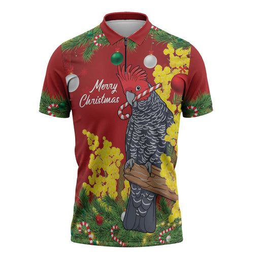 Australia Gang-gang Cockatoo Christmas Zipper Polo Shirt Callocephalon Fimbriatum Golden Wattle Red - Aussie Hoodie