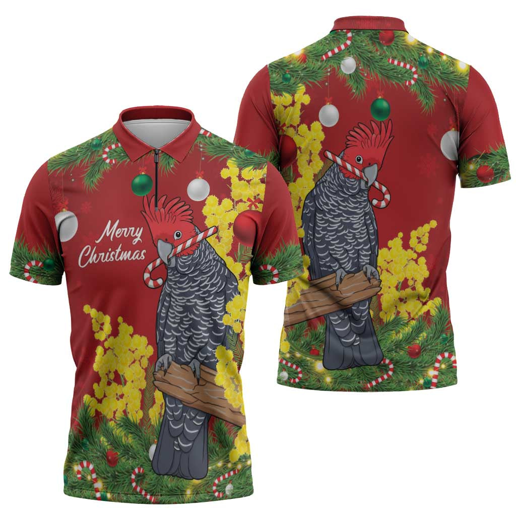 Australia Gang-gang Cockatoo Christmas Zipper Polo Shirt Callocephalon Fimbriatum Golden Wattle Red - Aussie Hoodie