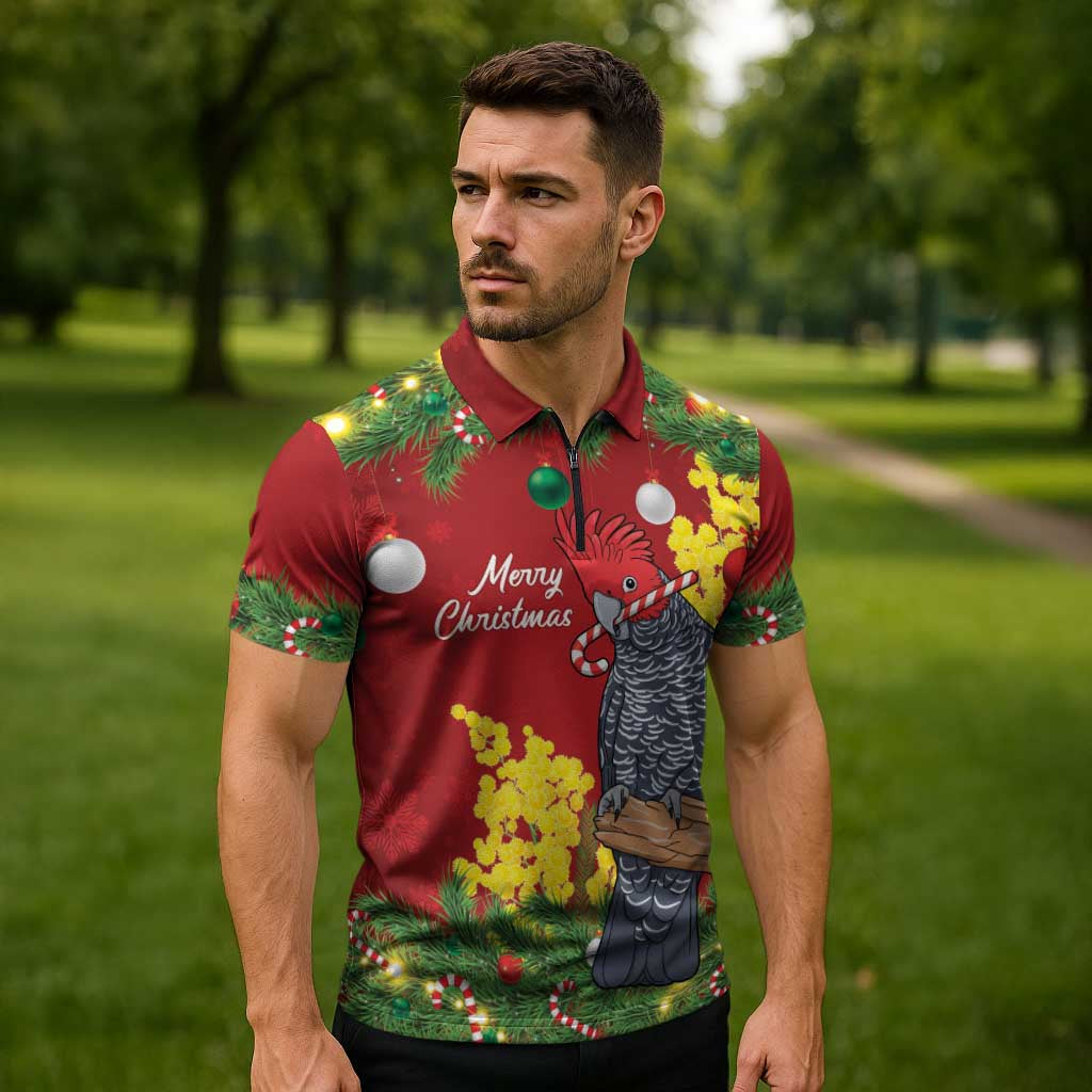 Australia Gang-gang Cockatoo Christmas Zipper Polo Shirt Callocephalon Fimbriatum Golden Wattle Red - Aussie Hoodie