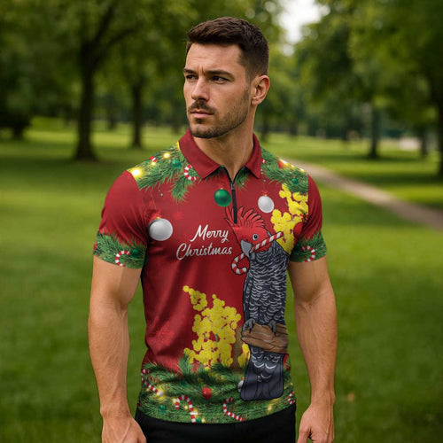 Australia Gang-gang Cockatoo Christmas Zipper Polo Shirt Callocephalon Fimbriatum Golden Wattle Red - Aussie Hoodie