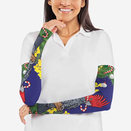 Australia Gang-gang Cockatoo Christmas Arm Sleeves Callocephalon Fimbriatum Golden Wattle Blue - Aussie Hoodie