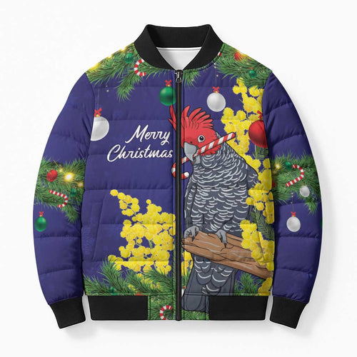 Australia Gang-gang Cockatoo Christmas Bomber Puffer Jacket Callocephalon Fimbriatum Golden Wattle Blue - Aussie Hoodie
