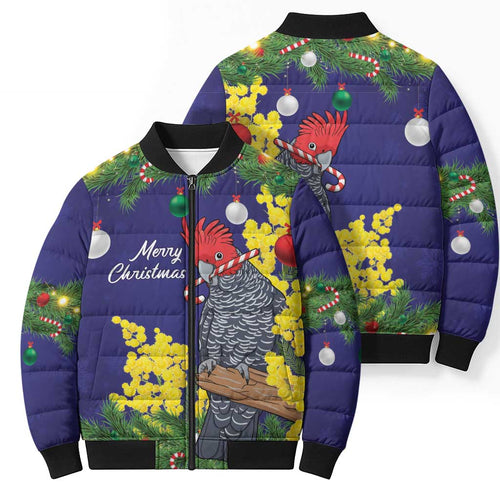 Australia Gang-gang Cockatoo Christmas Bomber Puffer Jacket Callocephalon Fimbriatum Golden Wattle Blue - Aussie Hoodie