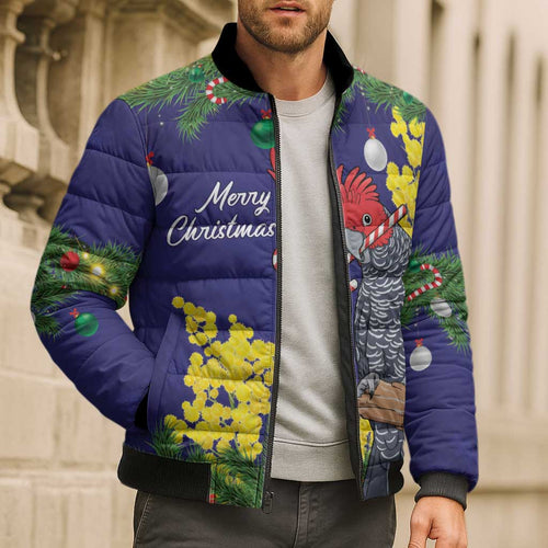 Australia Gang-gang Cockatoo Christmas Bomber Puffer Jacket Callocephalon Fimbriatum Golden Wattle Blue - Aussie Hoodie