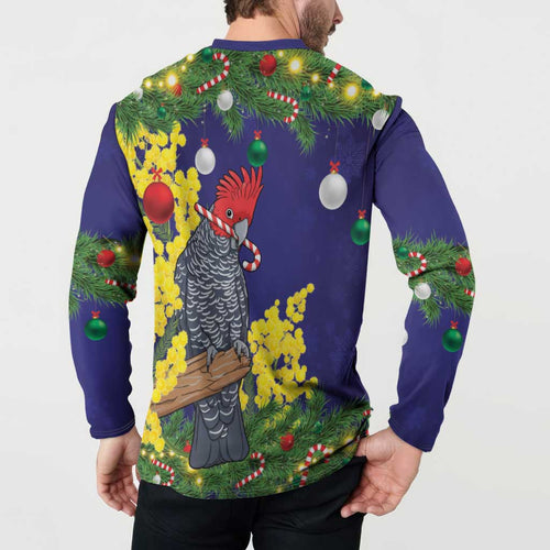 Australia Gang-gang Cockatoo Christmas Button Sweatshirt Callocephalon Fimbriatum Golden Wattle Blue - Aussie Hoodie