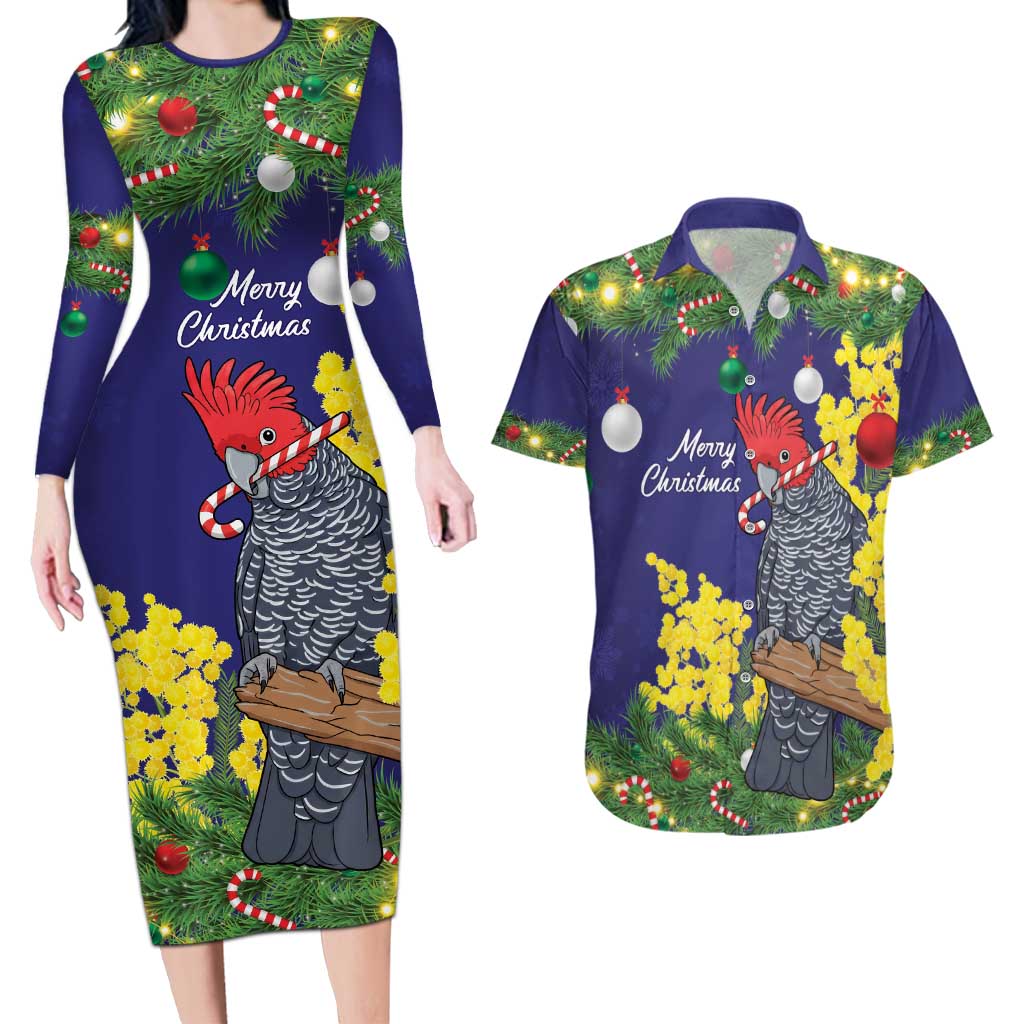 Australia Gang-gang Cockatoo Christmas Couples Matching Long Sleeve Bodycon Dress and Hawaiian Shirt Callocephalon Fimbriatum Golden Wattle Blue - Aussie Hoodie