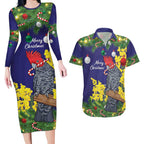 Australia Gang-gang Cockatoo Christmas Couples Matching Long Sleeve Bodycon Dress and Hawaiian Shirt Callocephalon Fimbriatum Golden Wattle Blue - Aussie Hoodie