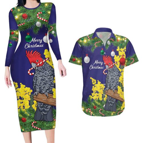 Australia Gang-gang Cockatoo Christmas Couples Matching Long Sleeve Bodycon Dress and Hawaiian Shirt Callocephalon Fimbriatum Golden Wattle Blue - Aussie Hoodie