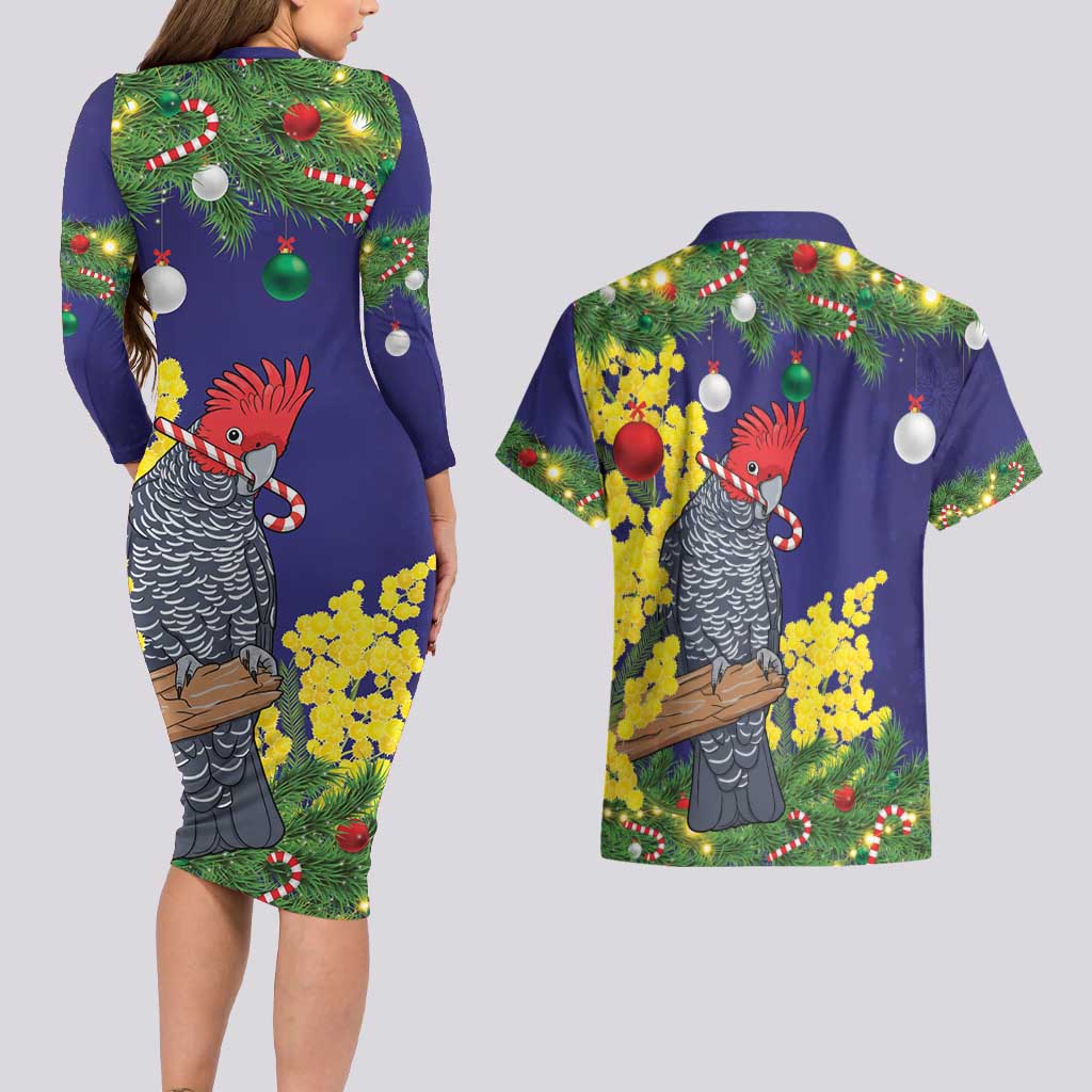 Australia Gang-gang Cockatoo Christmas Couples Matching Long Sleeve Bodycon Dress and Hawaiian Shirt Callocephalon Fimbriatum Golden Wattle Blue - Aussie Hoodie