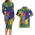 Australia Gang-gang Cockatoo Christmas Couples Matching Long Sleeve Bodycon Dress and Hawaiian Shirt Callocephalon Fimbriatum Golden Wattle Blue - Aussie Hoodie