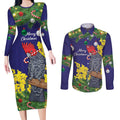 Australia Gang-gang Cockatoo Christmas Couples Matching Long Sleeve Bodycon Dress and Long Sleeve Button Shirt Callocephalon Fimbriatum Golden Wattle Blue - Aussie Hoodie