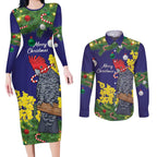 Australia Gang-gang Cockatoo Christmas Couples Matching Long Sleeve Bodycon Dress and Long Sleeve Button Shirt Callocephalon Fimbriatum Golden Wattle Blue - Aussie Hoodie
