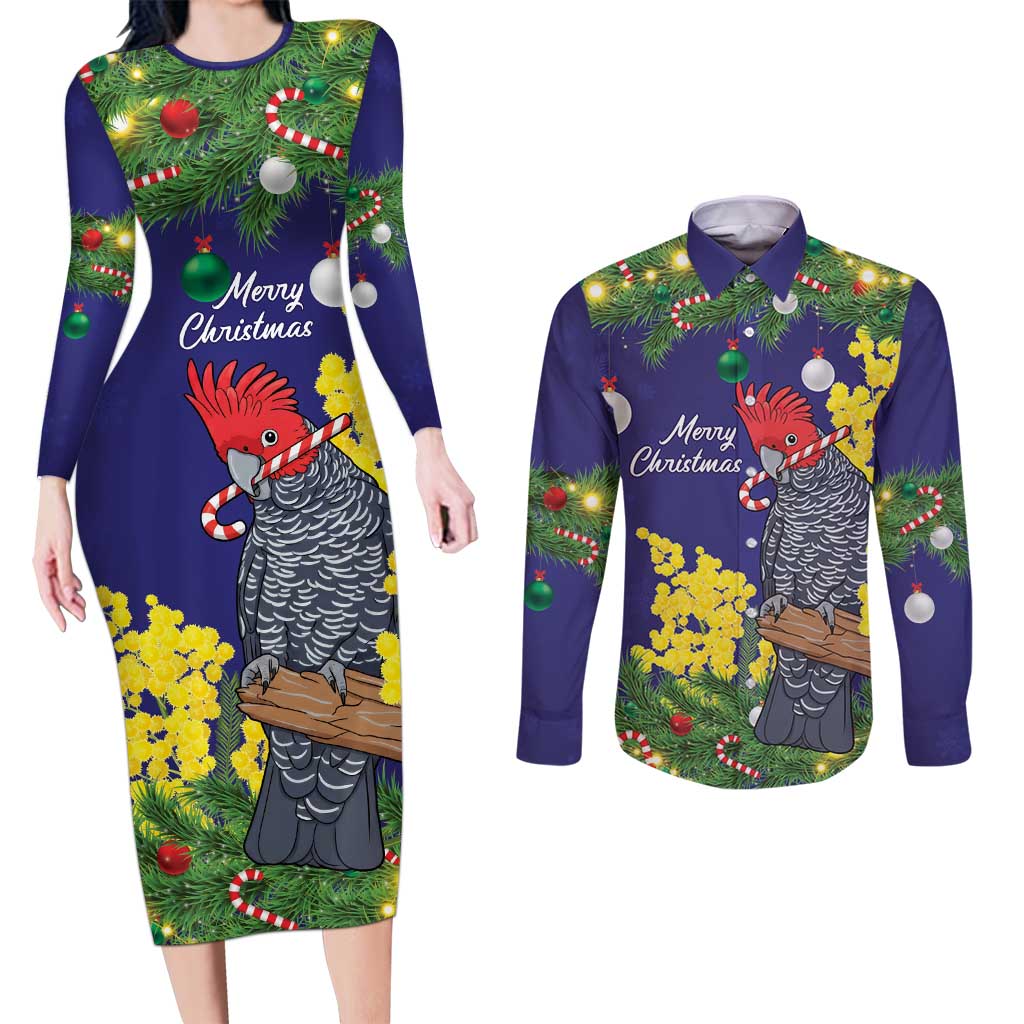 Australia Gang-gang Cockatoo Christmas Couples Matching Long Sleeve Bodycon Dress and Long Sleeve Button Shirt Callocephalon Fimbriatum Golden Wattle Blue - Aussie Hoodie