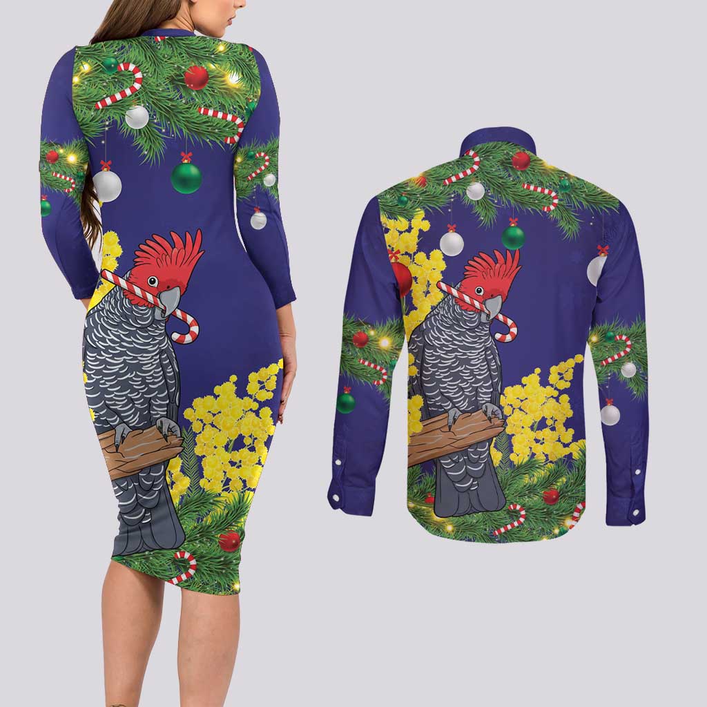 Australia Gang-gang Cockatoo Christmas Couples Matching Long Sleeve Bodycon Dress and Long Sleeve Button Shirt Callocephalon Fimbriatum Golden Wattle Blue - Aussie Hoodie