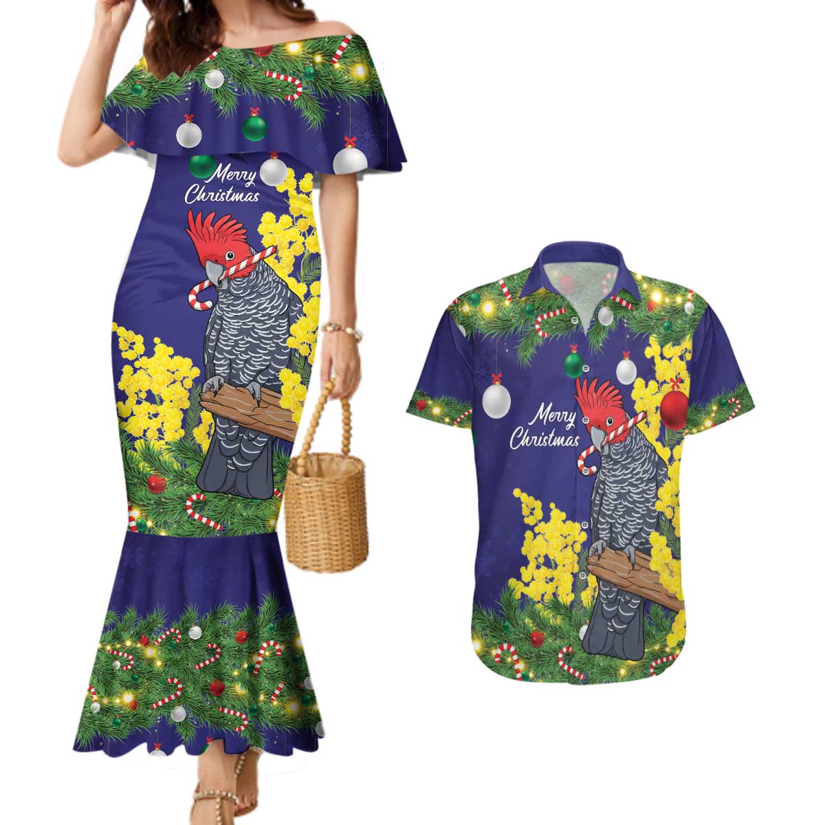 Australia Gang-gang Cockatoo Christmas Couples Matching Mermaid Dress and Hawaiian Shirt Callocephalon Fimbriatum Golden Wattle Blue - Aussie Hoodie